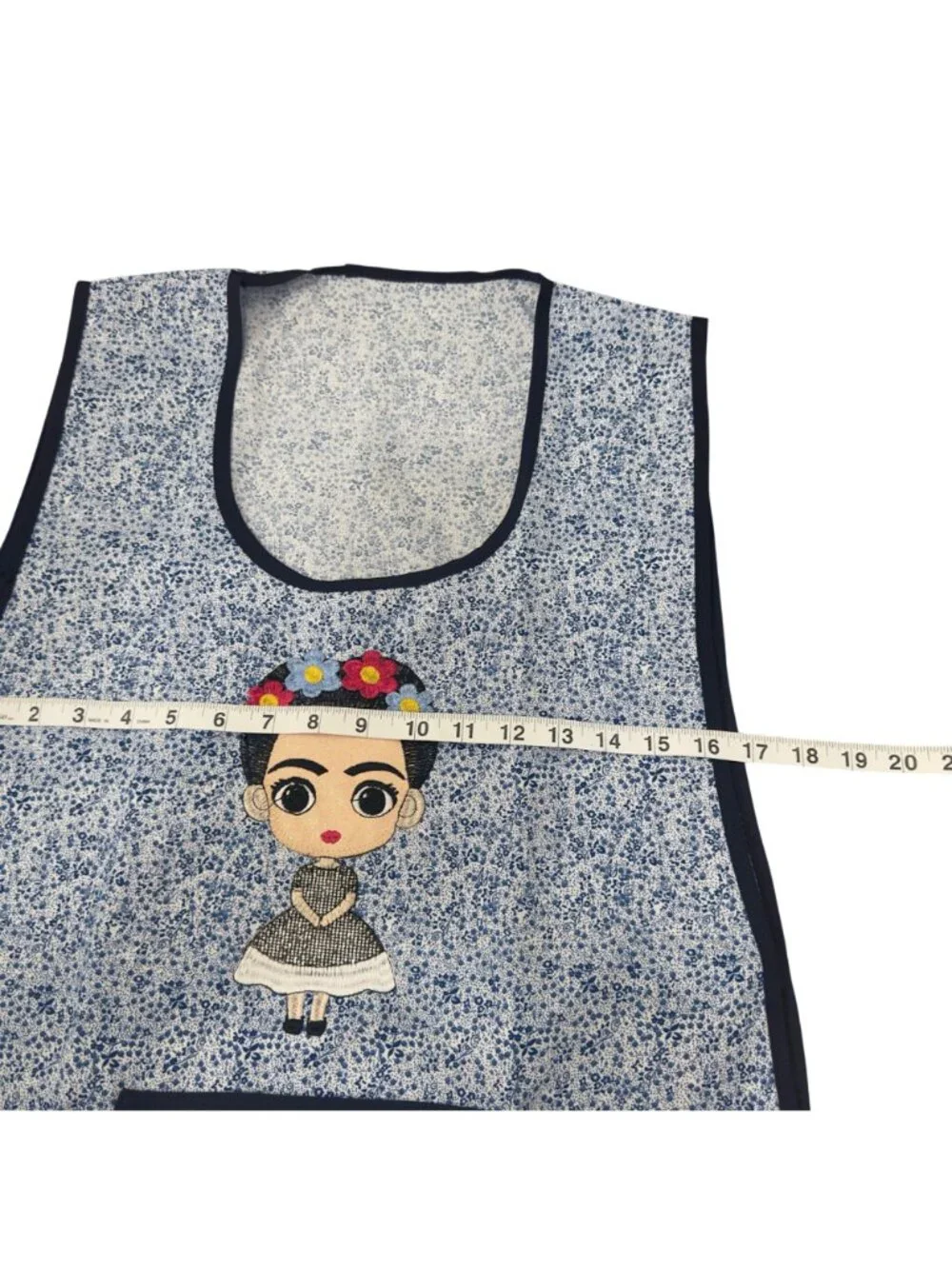 Apron Women One Size Blue Floral Frida-Inspired Embroidered Pockets Tie Closure